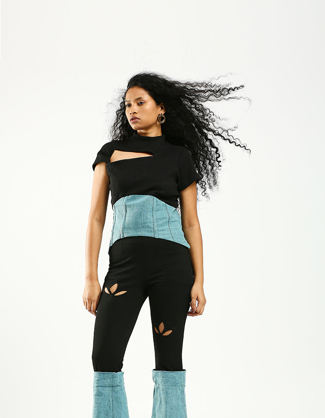 Denim and rib corset top with a twisted shoulder cut out