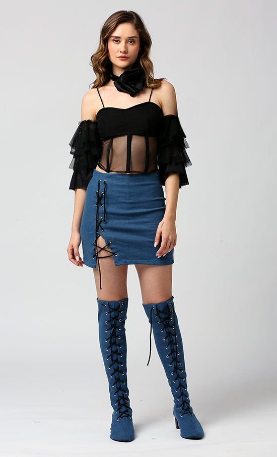 Denim skirt with rivets and lacing