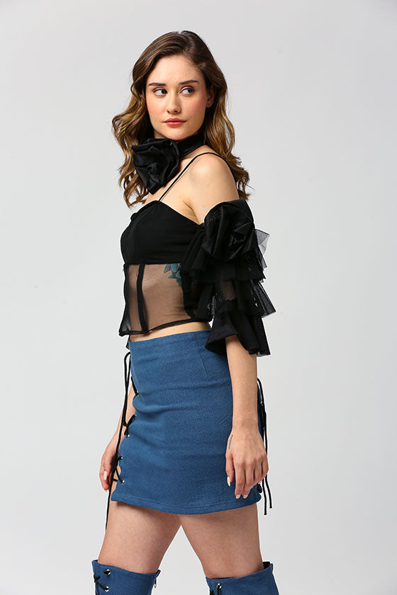 Mesh corset with bell sleeves and a rose choker