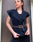 Black denim double breasted top with a belt