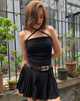 Three piece set: Black pleated skirt, top and belt