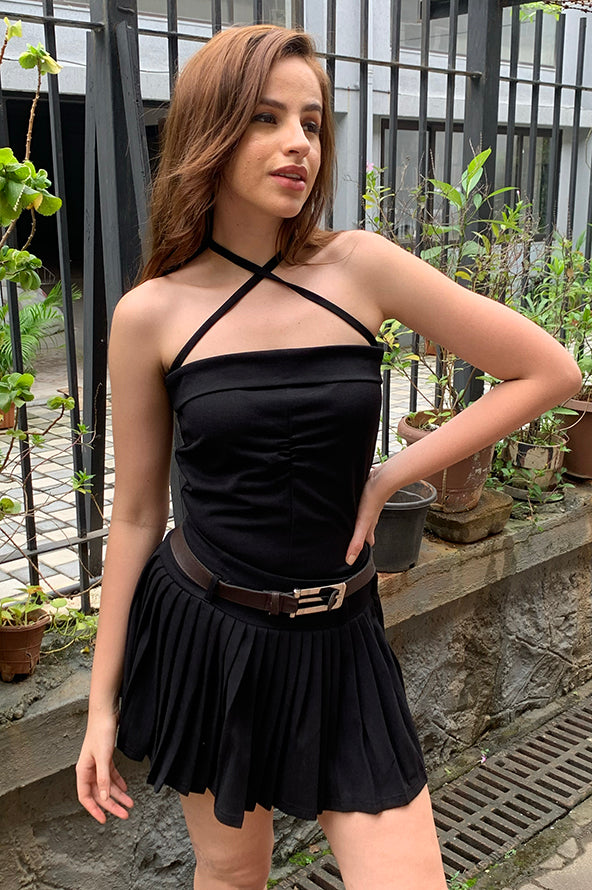 Two piece set: Black pleated skirt and top