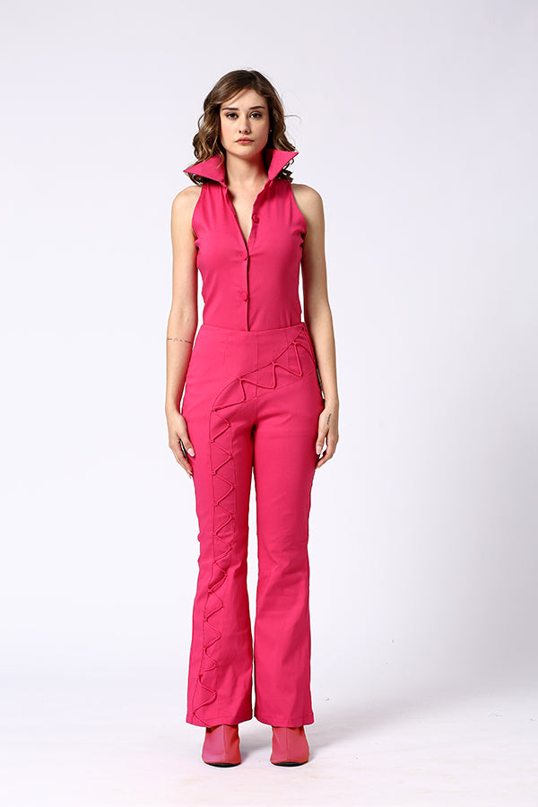 Pink trousers with cording and a matching top