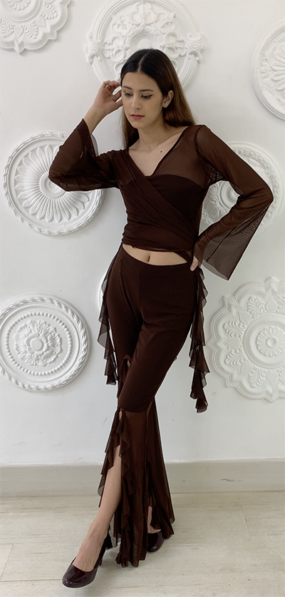 Brown powernet top with a tube top and frills