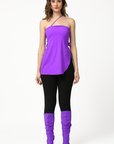 Purple top with a curved hem and floral details