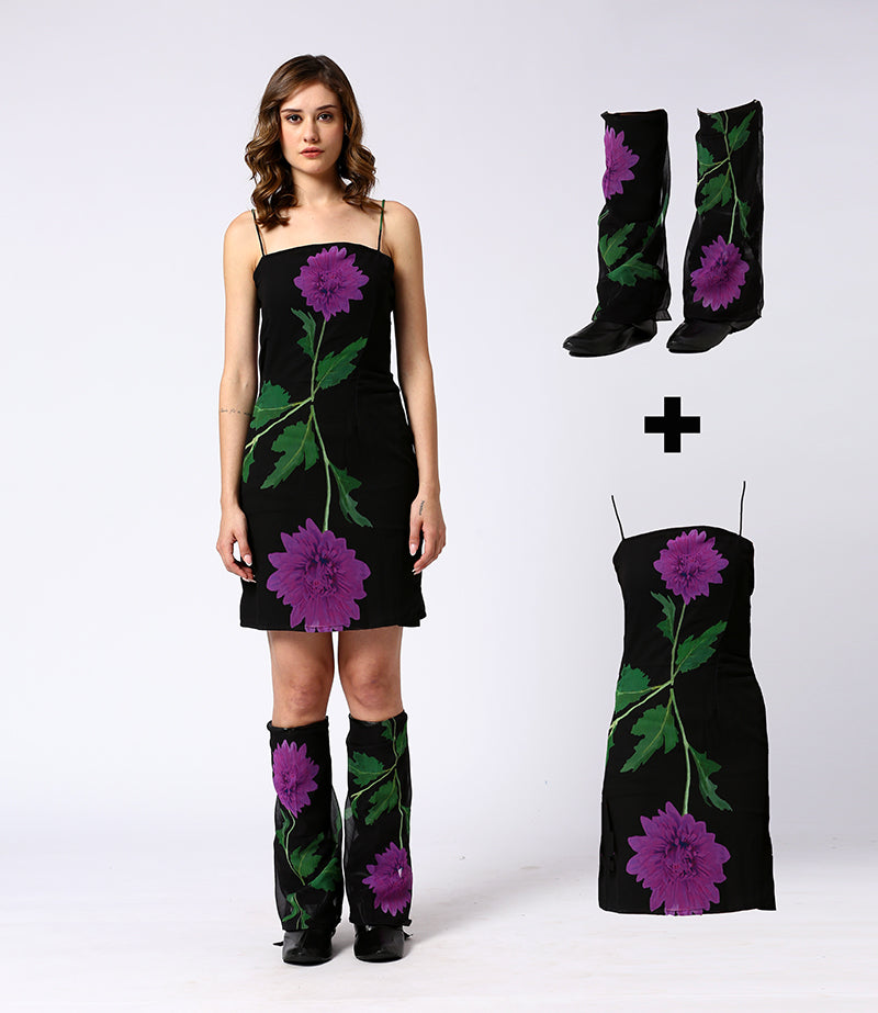 Black-pink dress with matching floral boot swaps