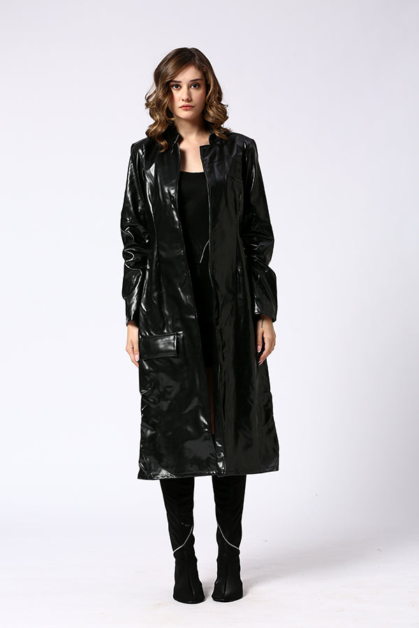 Black faux leather trench coat
