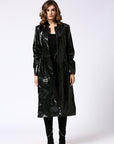 Black faux leather trench coat