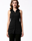 Black sleeveless tunic top with button front