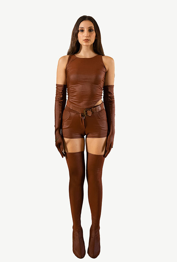 Glossy leather look alike brown shorts