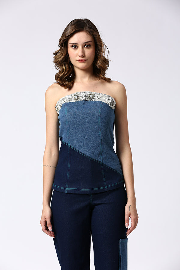 denim corset with hand embroidery embellishment