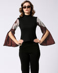 Rib collared top with printed slit sleeves