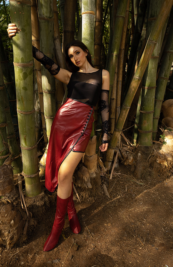 Maroon faux leather wrap skirt